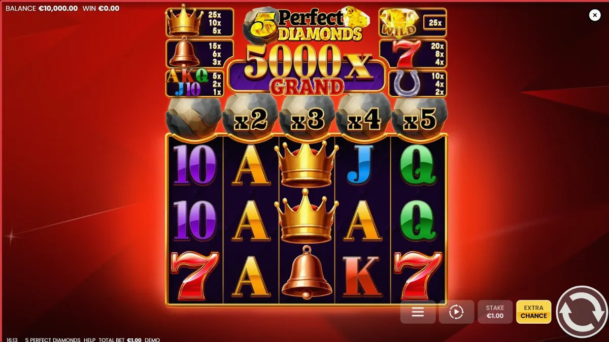 Interface do slot 5 Perfect Diamonds com símbolos clássicos e diamantes brilhantes