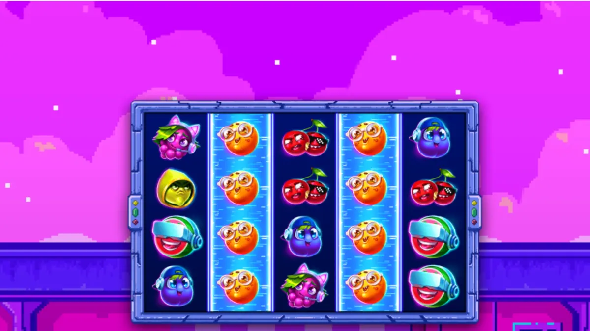 Interface colorida e retrô do slot Frooty Troupe – Game On! com frutas em estilo pixel art.
