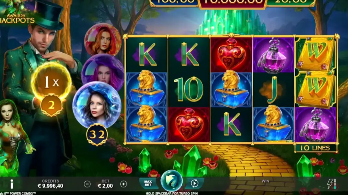 Interface do slot Book of Oz Magic 5 Power Combo com elementos mágicos